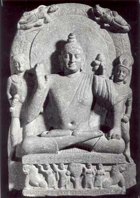 Buddha flanked by Vajrapani holding a vajra to his right: Kushana 
style: Mathura, dated 110 A.D.