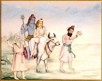Goddess Parvati and Lord Shiva sitting on the divine ox Nandi