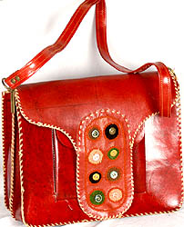 Mahagony Leather Handbag from Ajmer with Ari Embroidery on Satchel