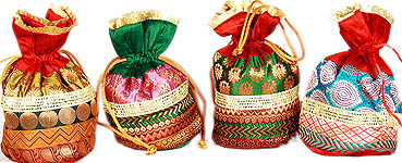 Lot of Four Drawstring Potli Bags with Brocade Weave