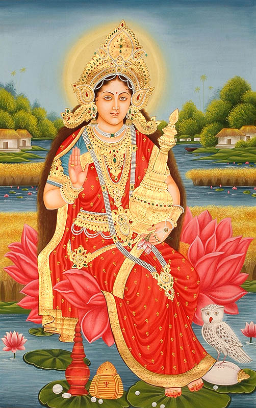 Goddess Lakshmi with Wealth Pot and Owl. Goddess Lakshmi with Wealth Pot and 