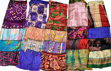 Assorted Lot of Five Multi-Colored Vintage Sari Skirts with Patchwork and Mirrors