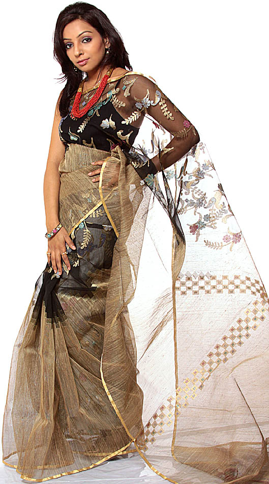 How to wear a Sari Black and Khaki Wedding Sari from Banaras with Brocaded 