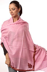 Plain Pink Pure Pashmina Shawl with Intricate Kashmiri Sozni Embroidery by Hand on Borders