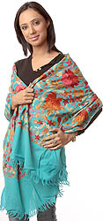 Turquoise-Blue Jamdani Stole from Kashmir with Dense Floral Embroidery All-Over