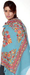 Sky-Blue Ari-Embroidered Stole from Kashmir with Embroidered Flowers