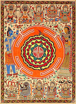 The Birth of Ten Mahavidyas with Shiva Parvati and Serpent Coiled Shri Chakra