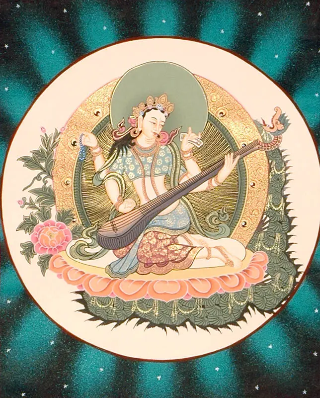 Exotic India Large Size Goddess Saraswati Playing on Vina 37 inch Height Multicolor