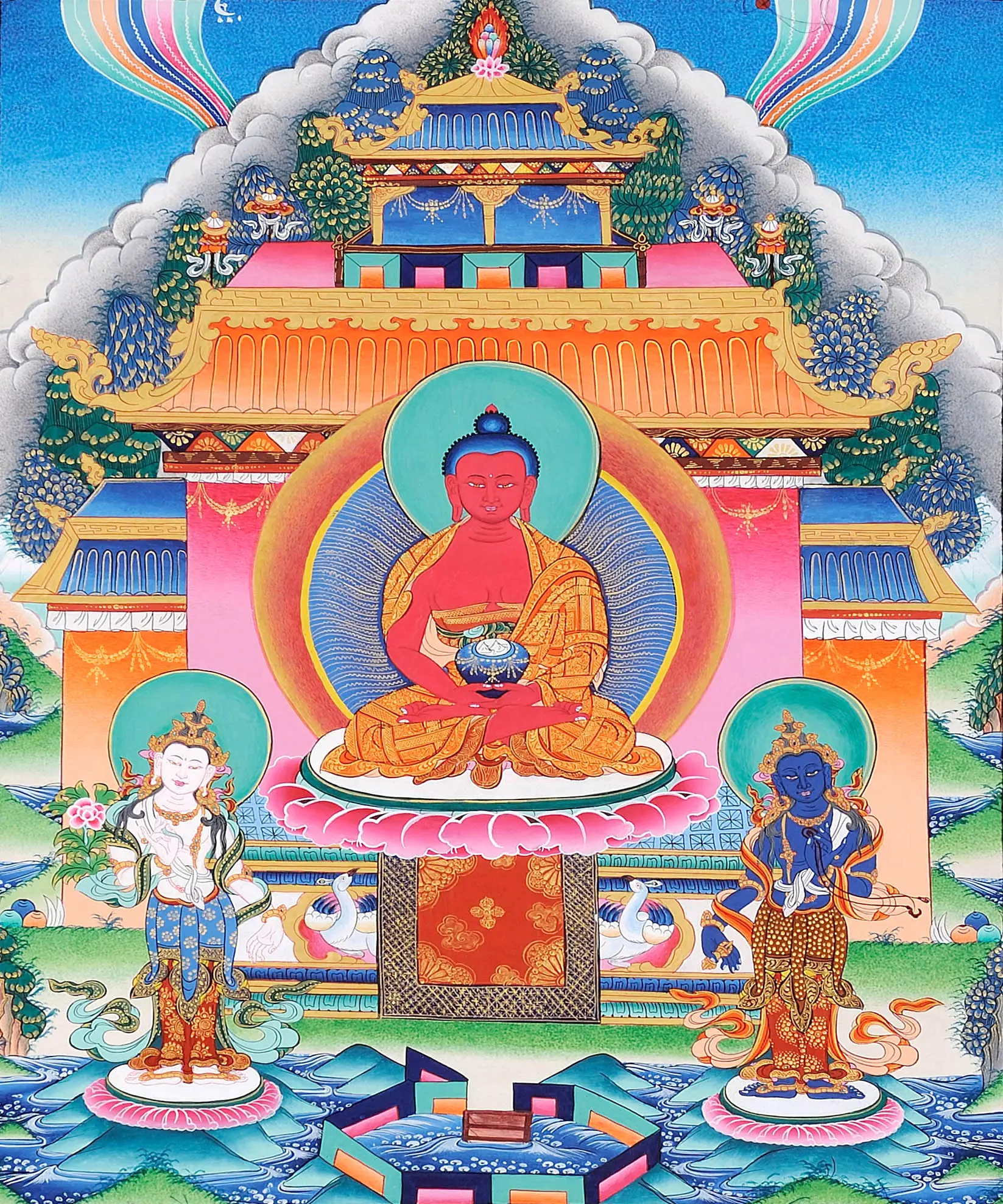 Будда земли. Будда Амитабха. Амитабха Будда Сукхавати. Чистая земля Будды Амитабхи. Буддизм рай Сукхавати.