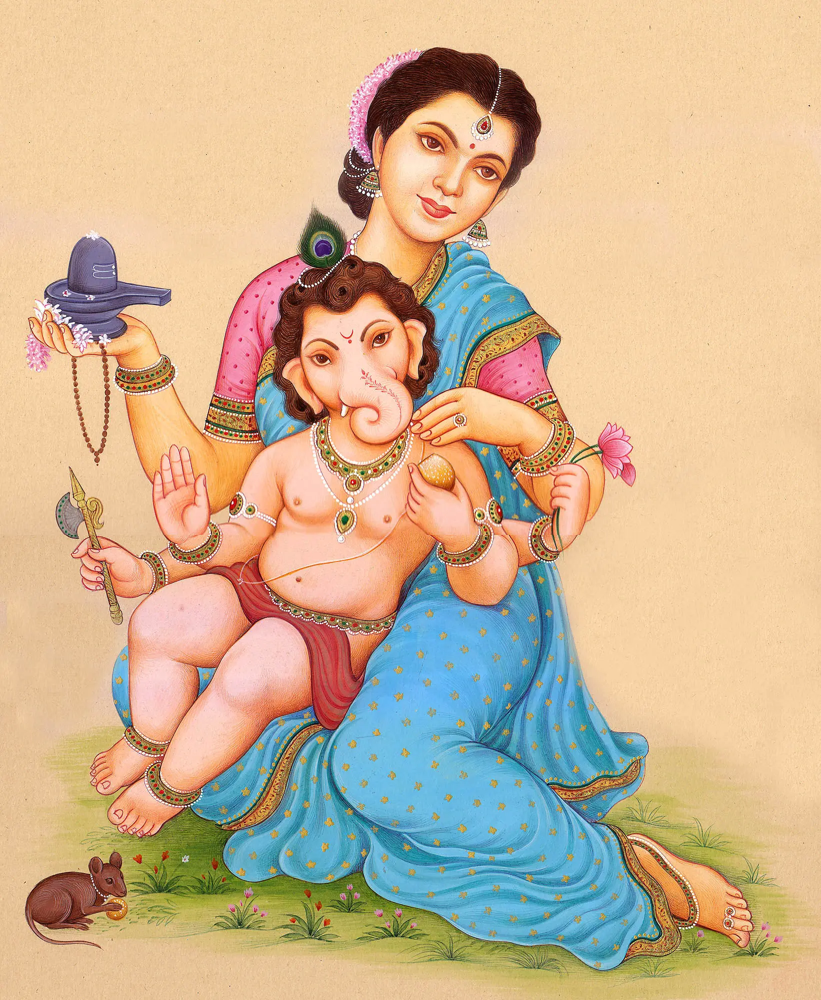 Child Ganesha in the Lap of Mother Parvati | Exotic India Art