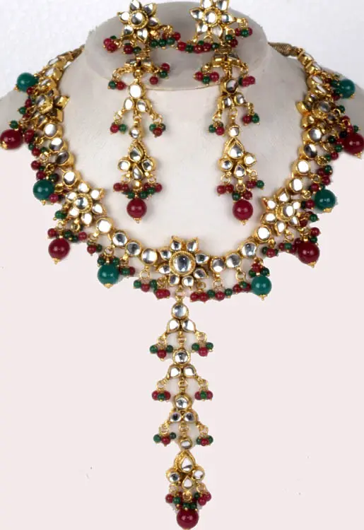 Ruby and Emerald Colored Kundan Necklace with Glass Beads and Earrings ...