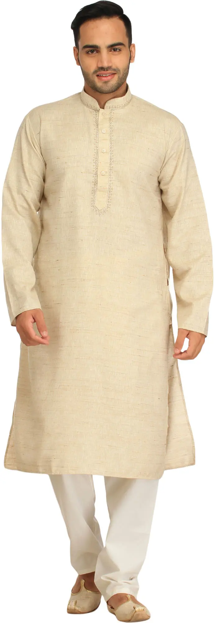 Exotic India Plain Khadi Kurta with White Pajama Set WeiÃŸ 