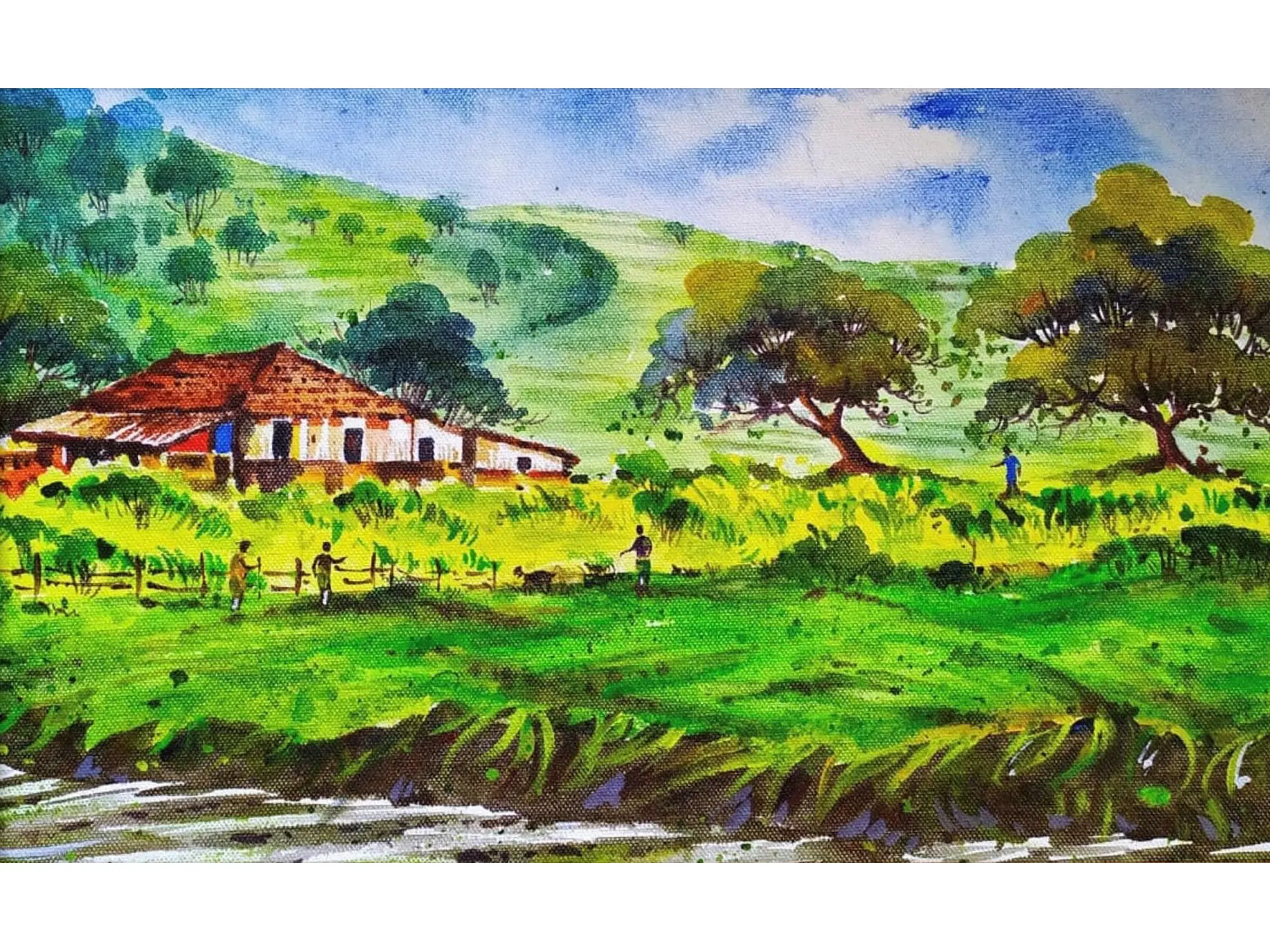 How to draw easy scenery drawing with oil pastel landscape village scenery  | village house drawing - YouTube