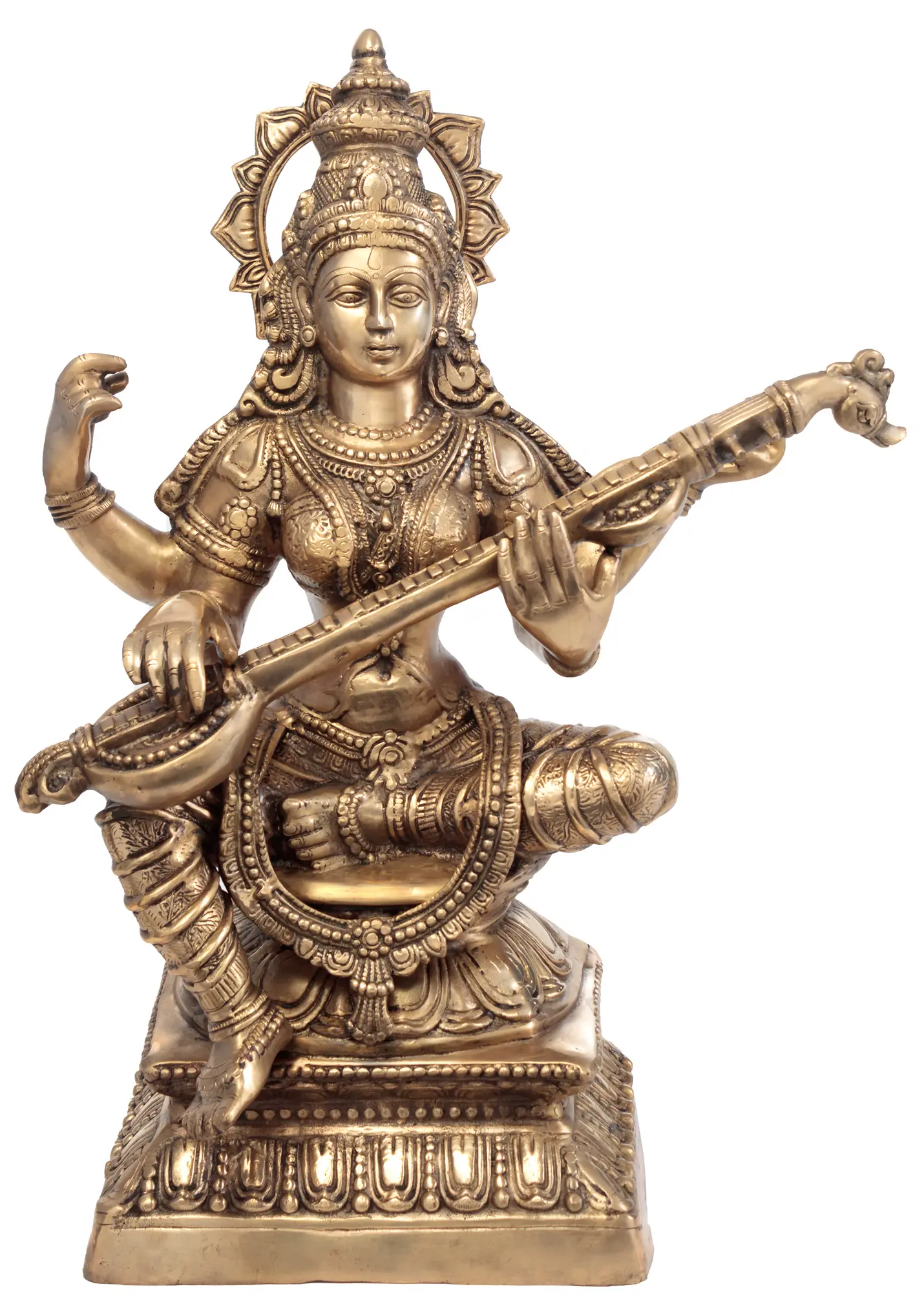 Large Size Goddess Saraswati Seated on Lotus Brass Statue 