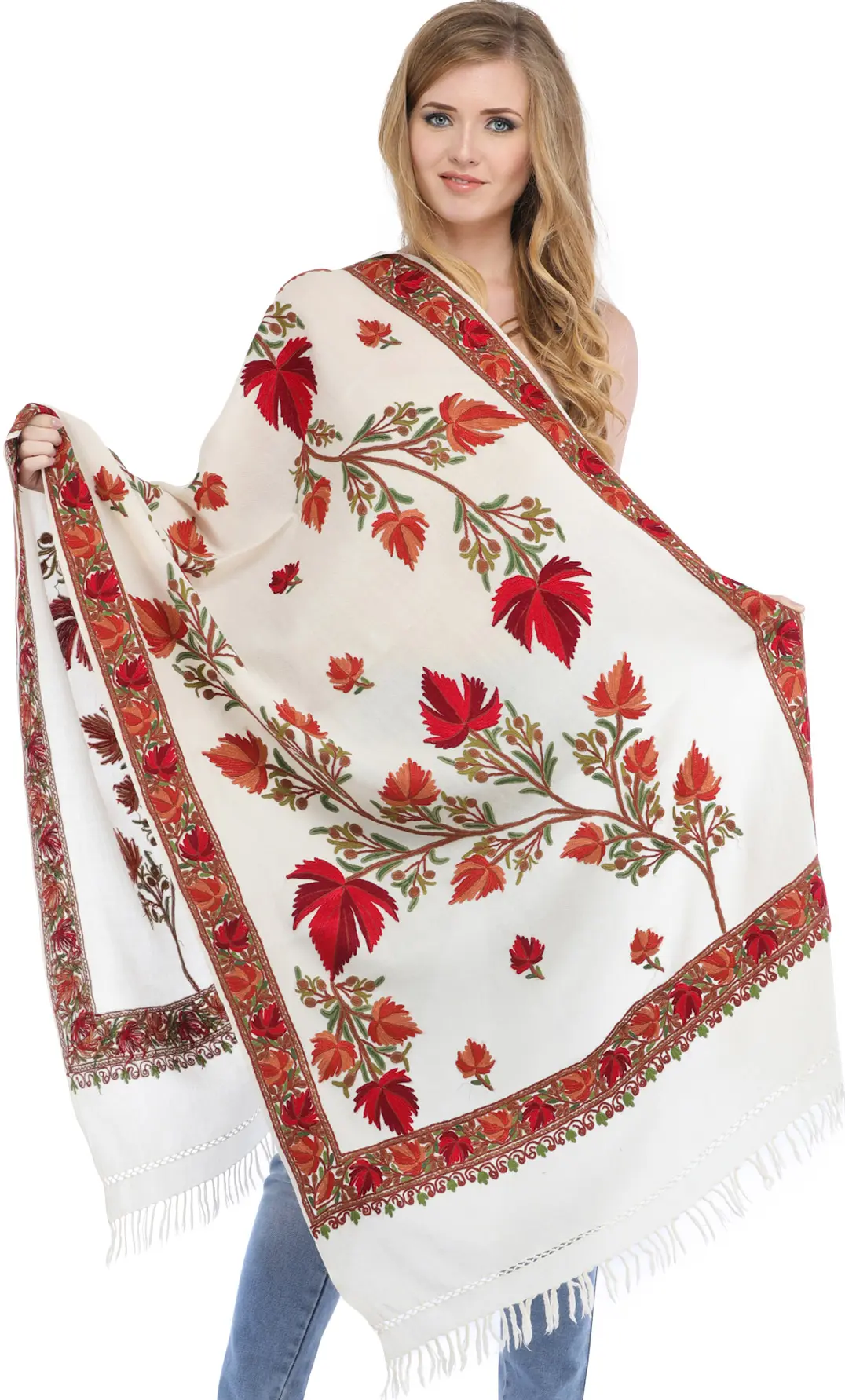 Off-White Exotic India Oyester-White Kaftan from Kashmir with Ari Hand-Embroid
