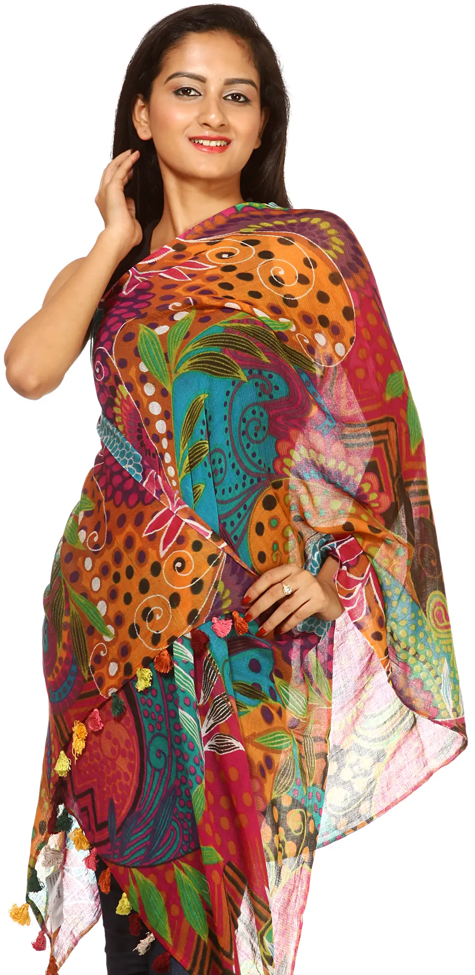 Printed Multi-color Stole with Floral Motifs | Exotic India Art