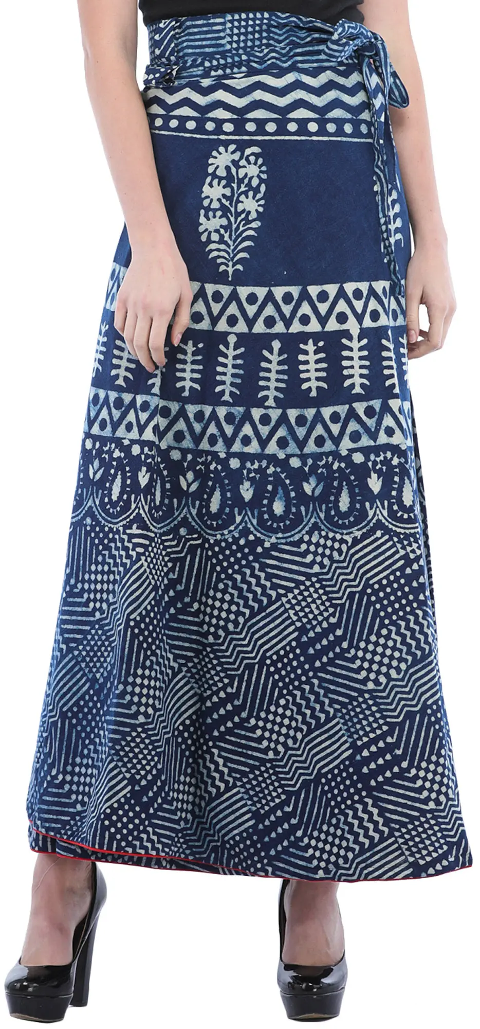 True-Navy Wrap-Around Long Skirt from Pilkhuwa with Printed Floral and ...