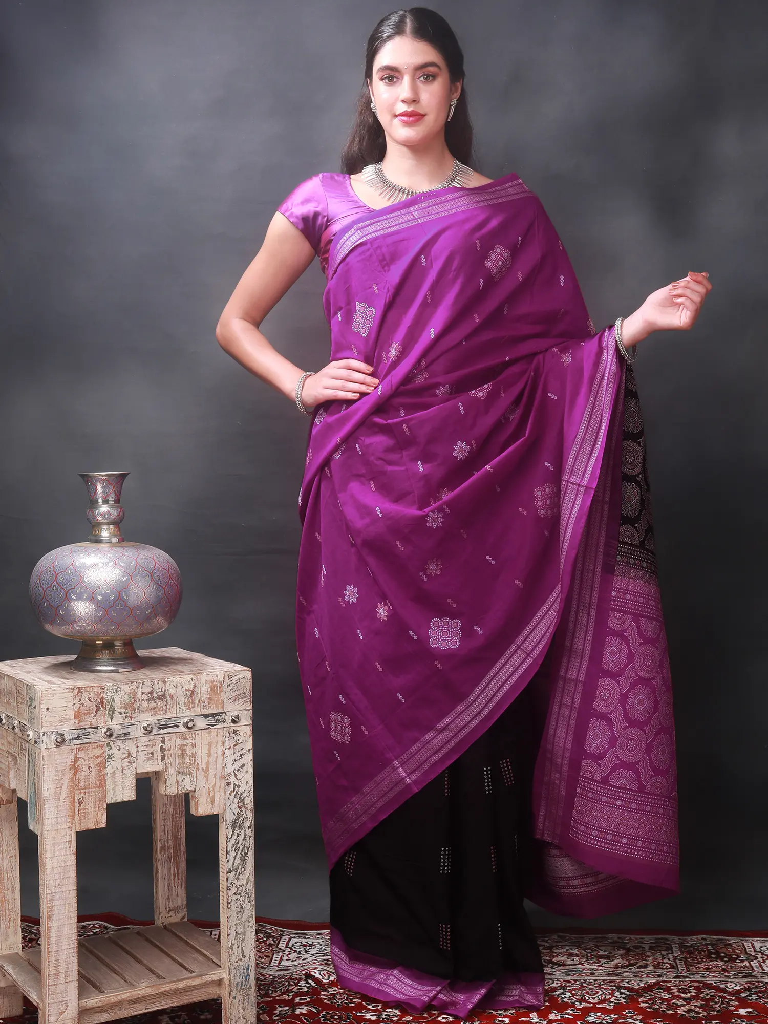 Magenta-Black Bomkai Saree from Odisha with Woven Floral Motif | Exotic ...